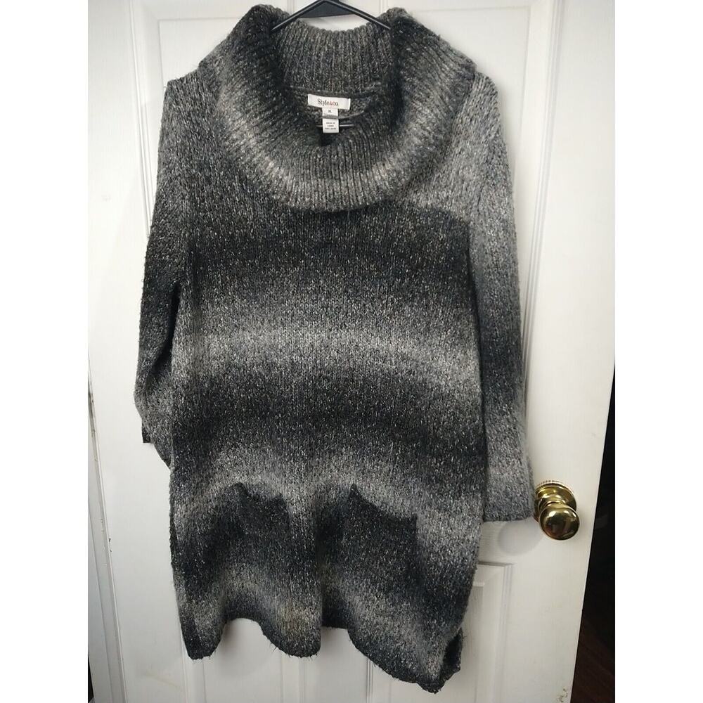 Style & Co Woman XL Sweater Grey Ombre Striped Pockets Long Sleeve Tunic Style